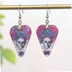 Handmade Skull Heart Resin Earrings Pink Blue Glitter Gothic Dangle Halloween